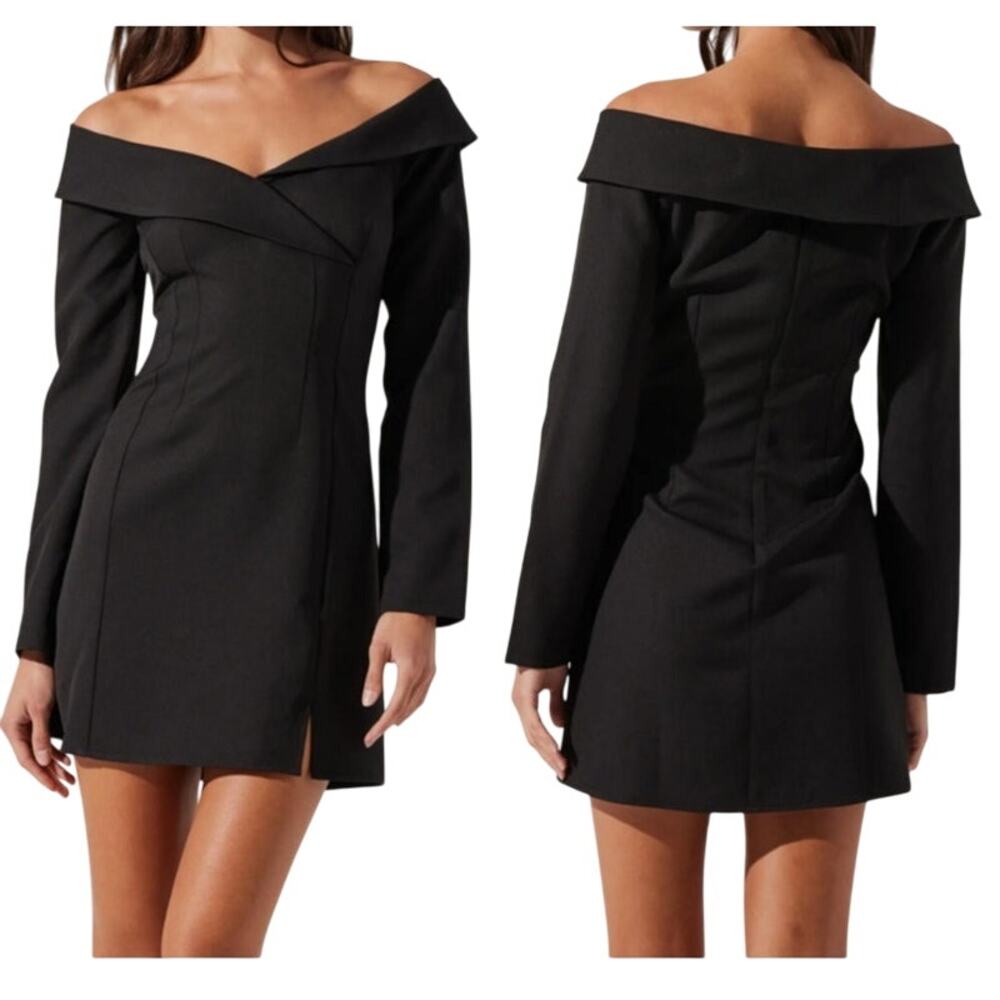 Astr the Label off the shoulder tuxedo collar long sleeve black size Medium M